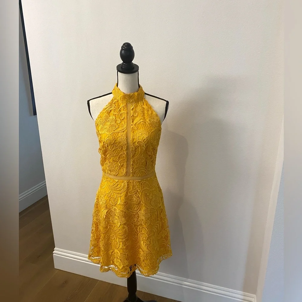 Alexia Admor mock neck fit and flare lace yellow dress size 8 - Picture 5 of 6